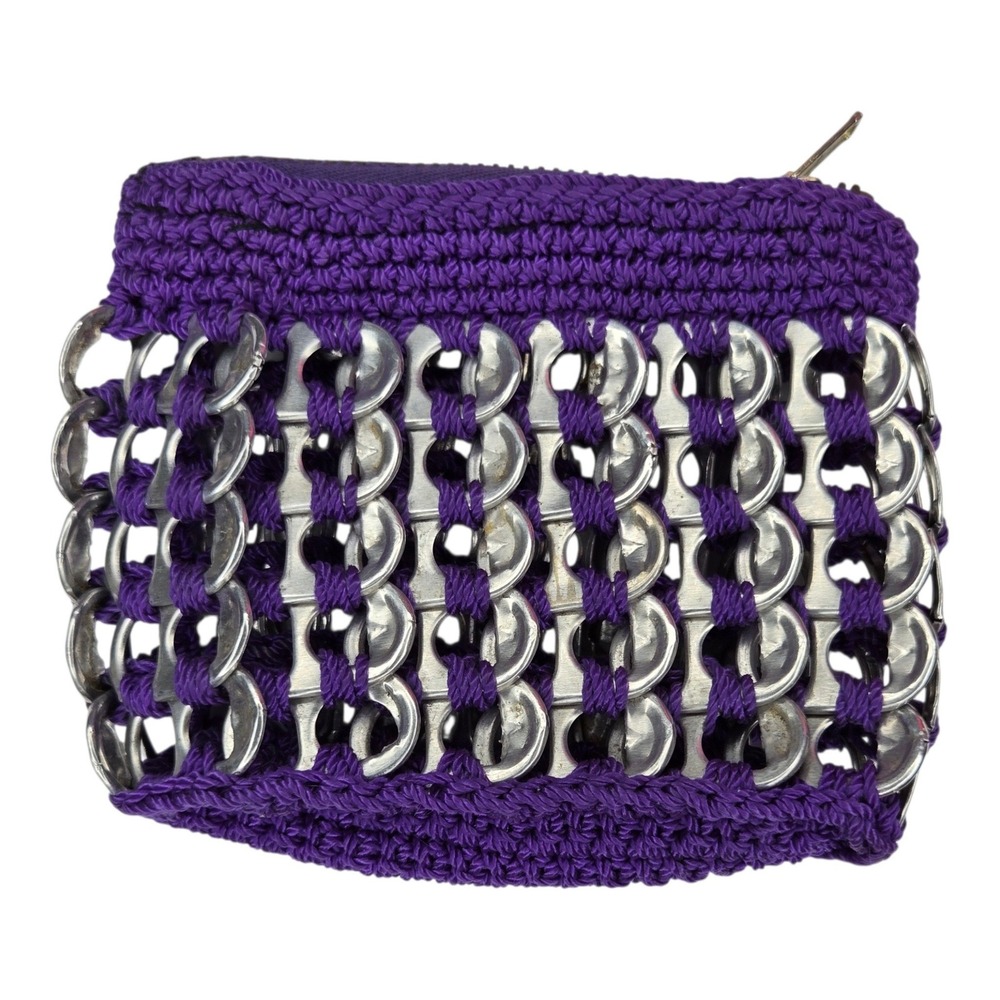 Vintage Handmade Crochet Soda Pull Tab Coin Purse‎ Purple Boho Upcycled Zippered